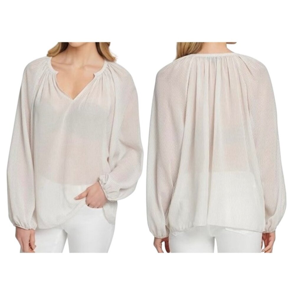 DKNY Womens Striped Sheer Peasant Top Ivory Small